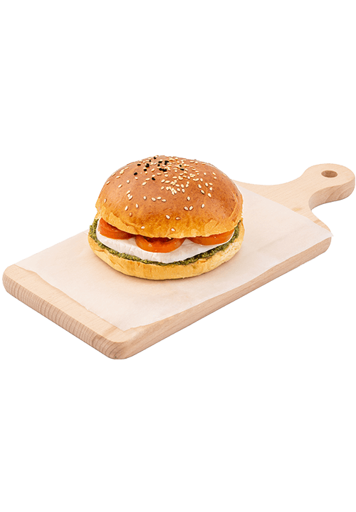 Brioche με μοτσαρέλα, τοματίνια και πέστο βασιλικού