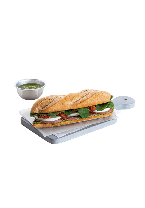 Προζυμένια Λευκή Μπαγκέτα με Σαλάμι Αέρος, Μοτσαρέλα και Πέστο Βασιλικού