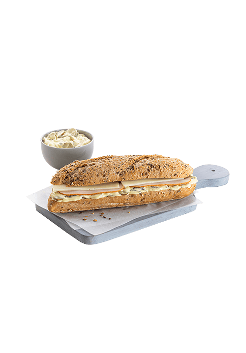 Προζυμένια Πολύσπορη Μπαγκέτα με Γαλοπούλα, Γραβιέρα και Σως με Αγγουράκι Τουρσί