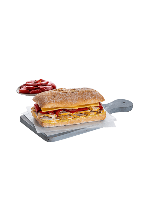 Προζυμένια Τσιαπάτα με Κοτόπουλο, Τσένταρ, Κόκκινες Πιπεριές και Σως Μουστάρδα-Μέλι